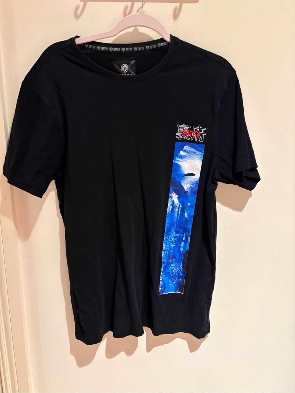 Black Graphic Men’s T-Shirt with Blue Vertical Print